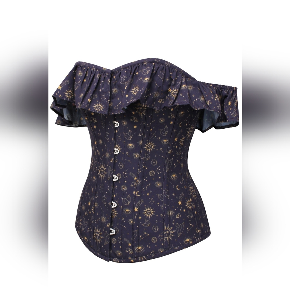 MYSTIC GALAXY INDIGO AND GOLD CORSET TOP WITH BARDOT SLEEVE